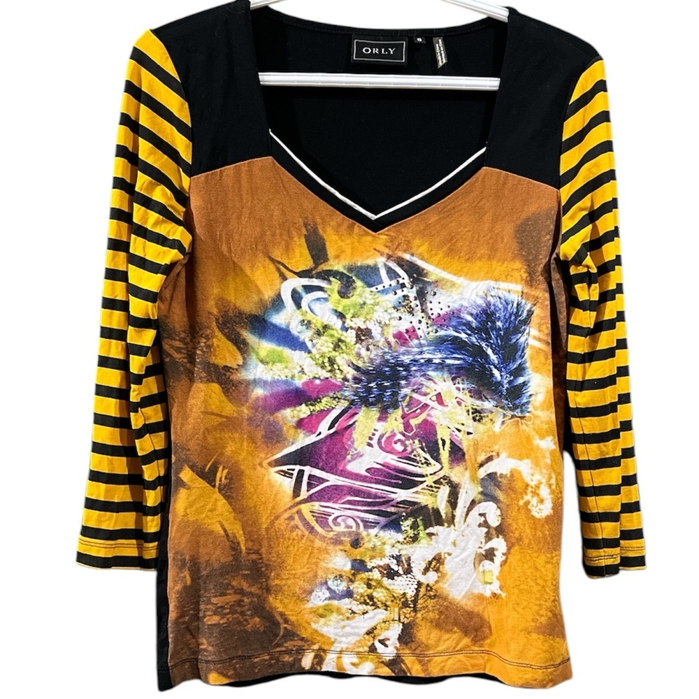 Orly Abstract Yellow Black V-Neck Stretch Top. Size Small